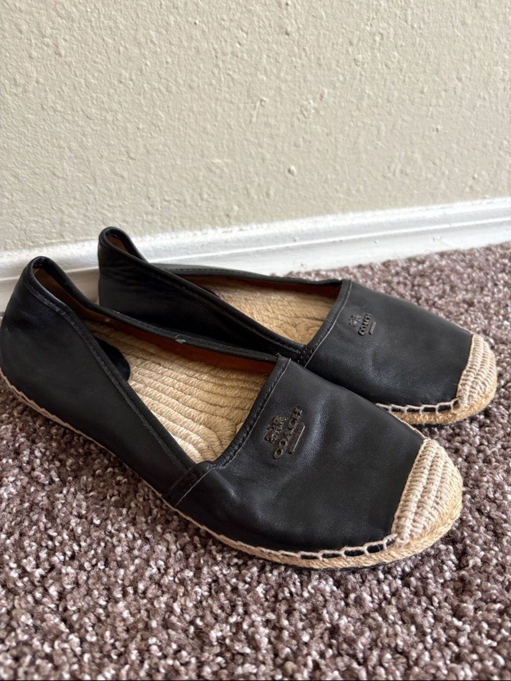 Coach Black Leather Espadrille Flats with Jute Toe Rhodelle Size 7.5